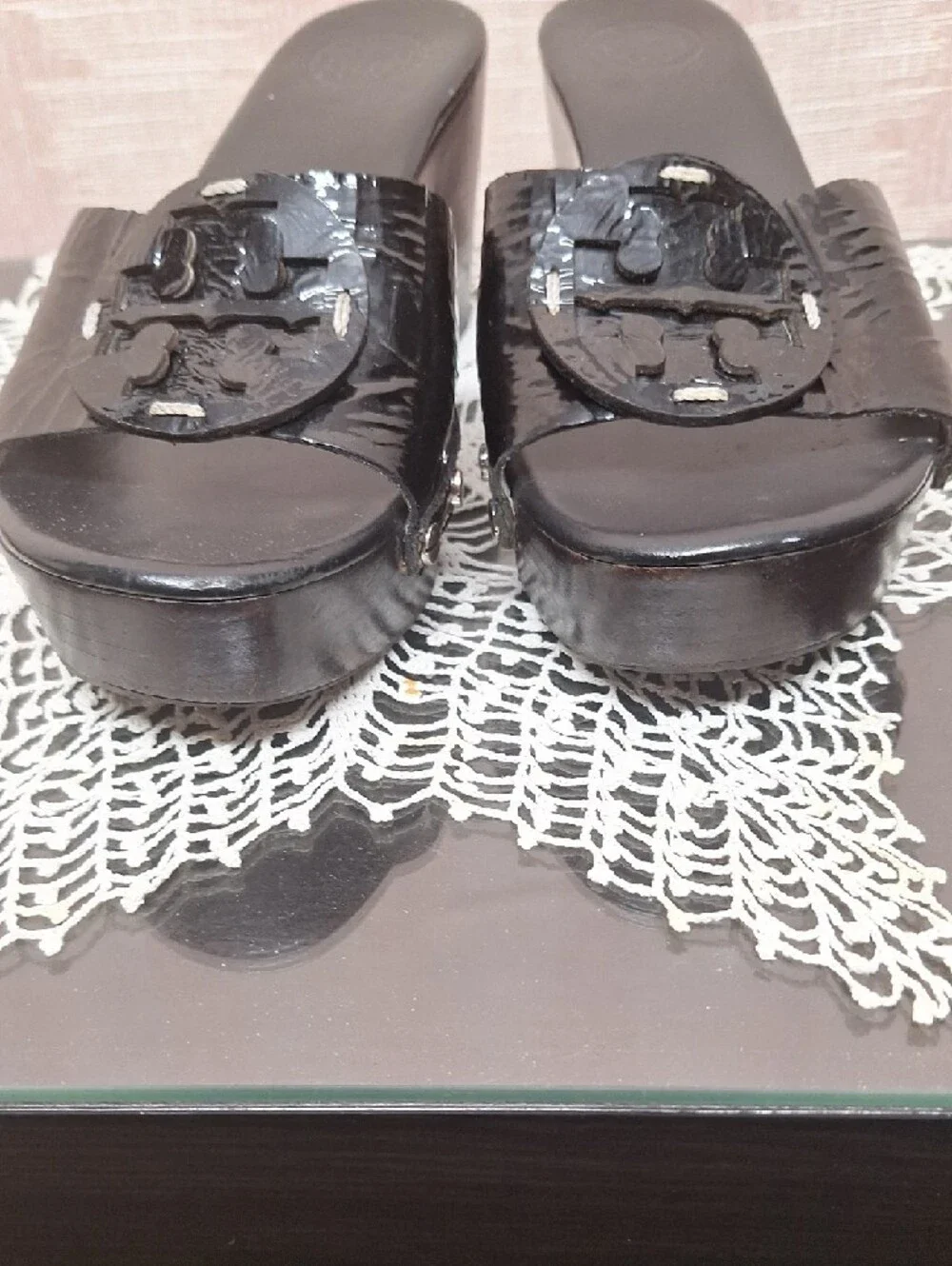 Tory Burch Black Patent Slide Mules with Logo Medallion